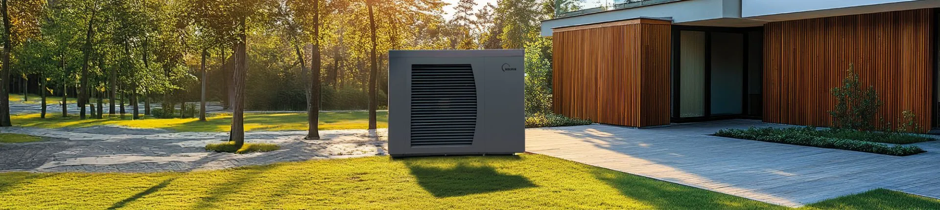 Eine Solvis-Wärmepumpe steht auf einer Rasenfläche vor einem modernen Mehrfamilienhaus mit Holzfassade, umgeben von Bäumen und warmem Sonnenlicht.
