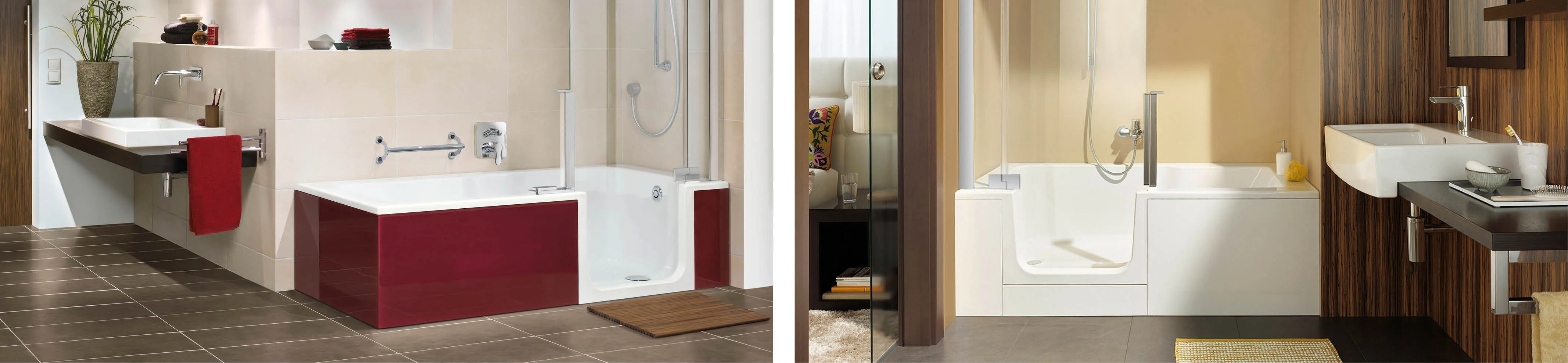 Collage mit zwei verschiedenen Modellen der Duschbadewanne Artweger Twinline in modernen Badezimmern.