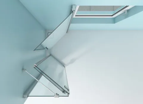 Eine Glastür mit eingebautem 360-Grad Scharnier von Artweger.