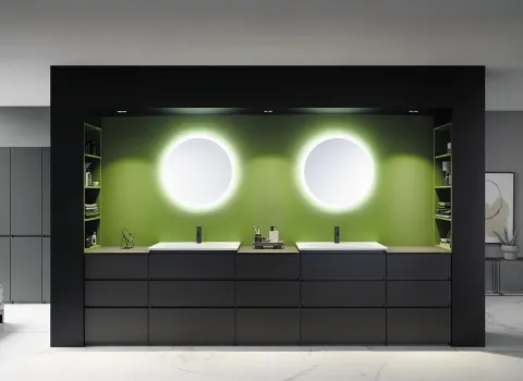 Modular aufgebaute Möbelzeile mit Waschtisch der Kollektion Lin20 von burgbad.