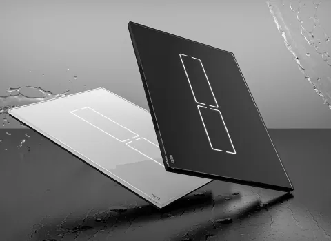 Zwei WC-Betätigungsplatten in kontrastierenden Farben Schwarz und Weiß liegen auf einer nassen Oberfläche.