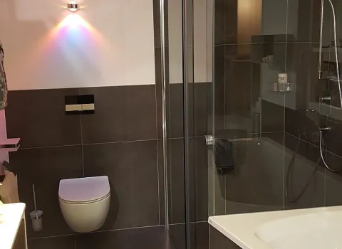 Ein modernes Badezimmer mit dunklen Fliesen, einer gläsernen Duschkabine, einer Badewanne und einer eleganten Wandbeleuchtung.