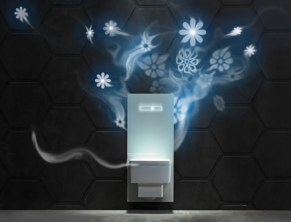 Eine weiße TECElux-Toilette steht vor einer dunklen Wand, aus der animierte Blumen und Wirbel aufsteigen, die die innovative Luftreinigungstechnologie symbolisieren.